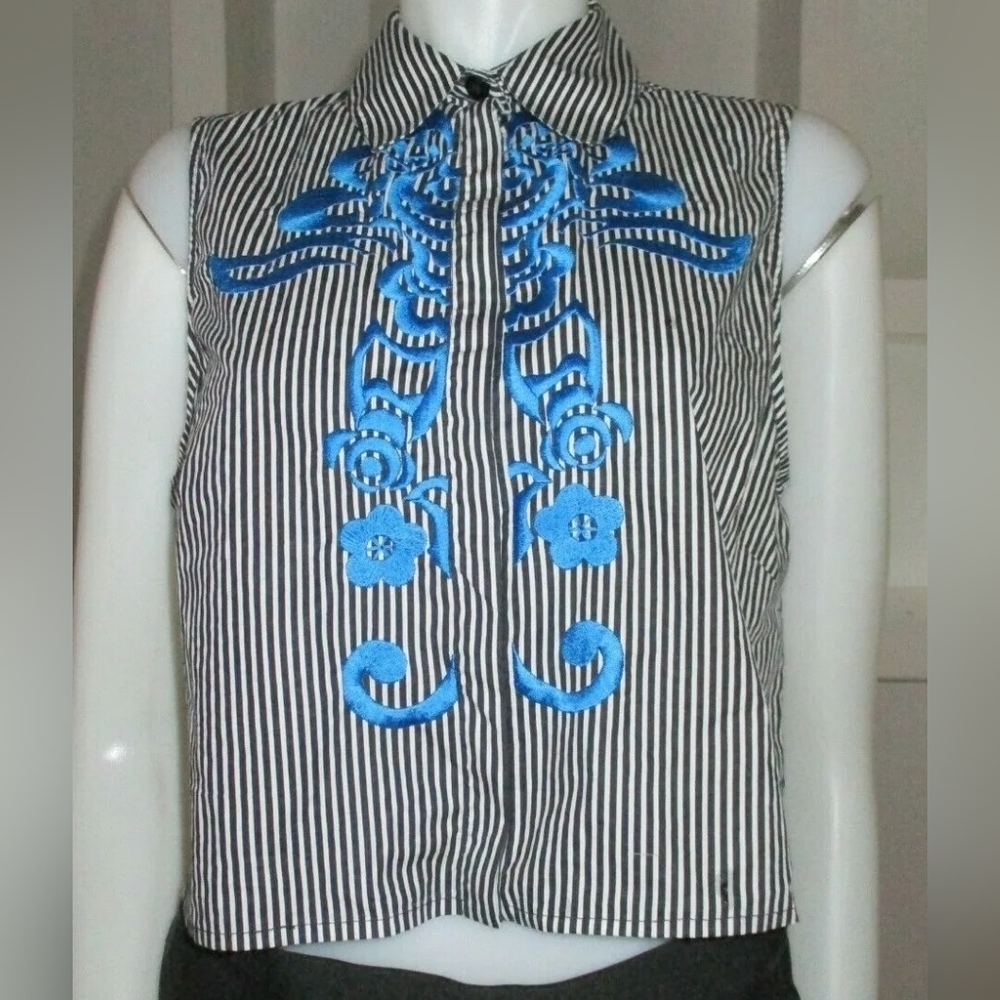 Tanya Taylor Black & White Stripe Stretch Cotton Embroidered Blouse Size 6